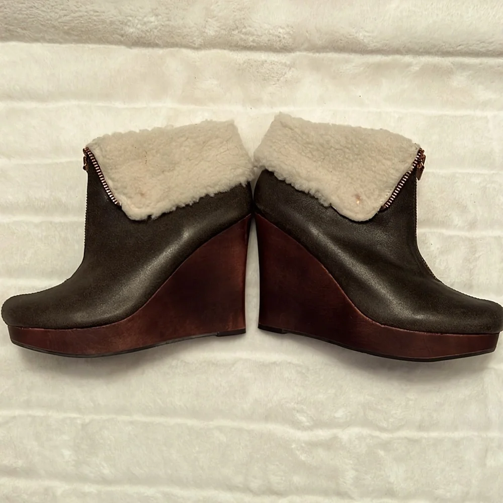 NEW Matt Bernson Brown Leather Zip Wedge Heel Bootie w/ Faux Sherpa Trim